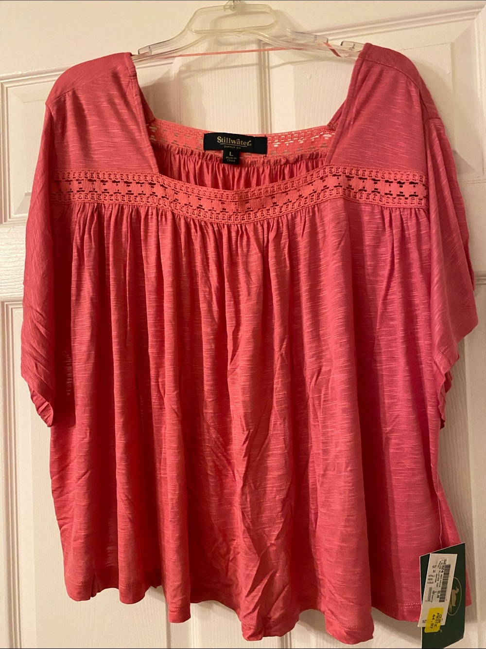Stillwater Crochet Yoke Peasant Tunic in Coral Pink